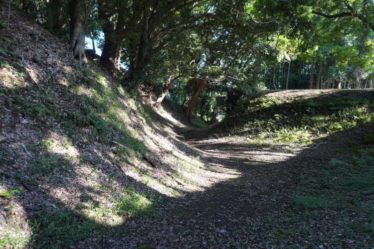 小峯御鐘ノ台大堀切東堀の途中には、横矢掛りと呼ばれる食い違い部分も遺されている。