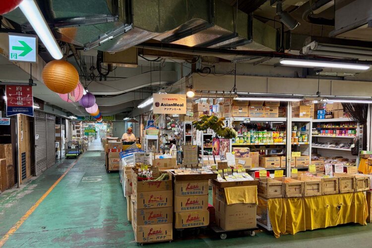 市場通路の丸提灯に、店頭の木箱やダンボール…… 気分も盛り上がる！ 