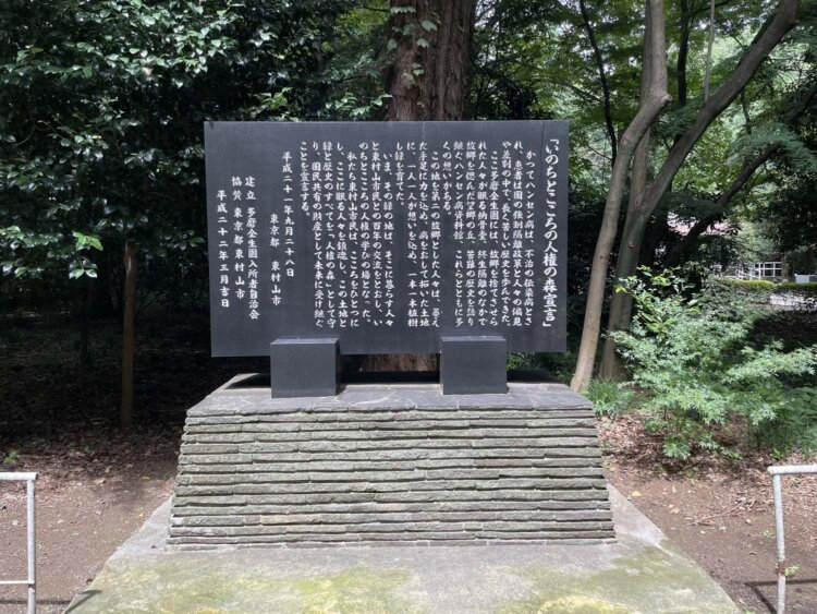 「いのちとこころの人権の森宣言」の碑。