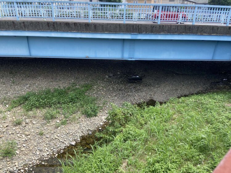 野塩橋の下、川の流路の端をわずかに水が流れている。