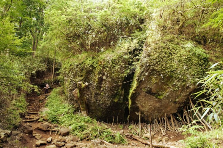 突如現れる巨岩・金時宿り石は本当に大きくて驚く。金太郎が母である山姥と暮らした場所だという言い伝えもある、不思議スポットだ。