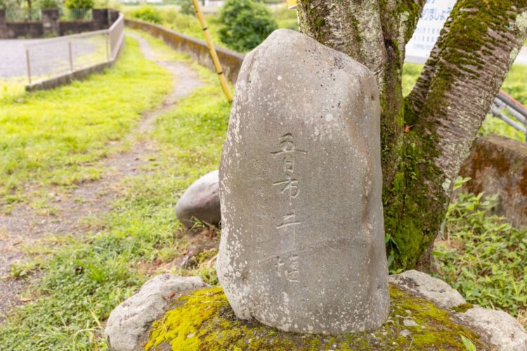 土手の終わりの堰堤際にひっそりとある五日市井塩の碑。