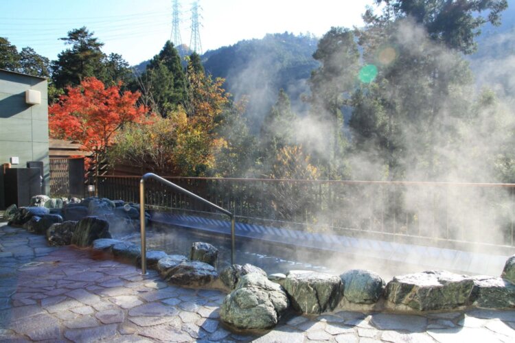 森に面した広い露天風呂が人気の的。男湯。
